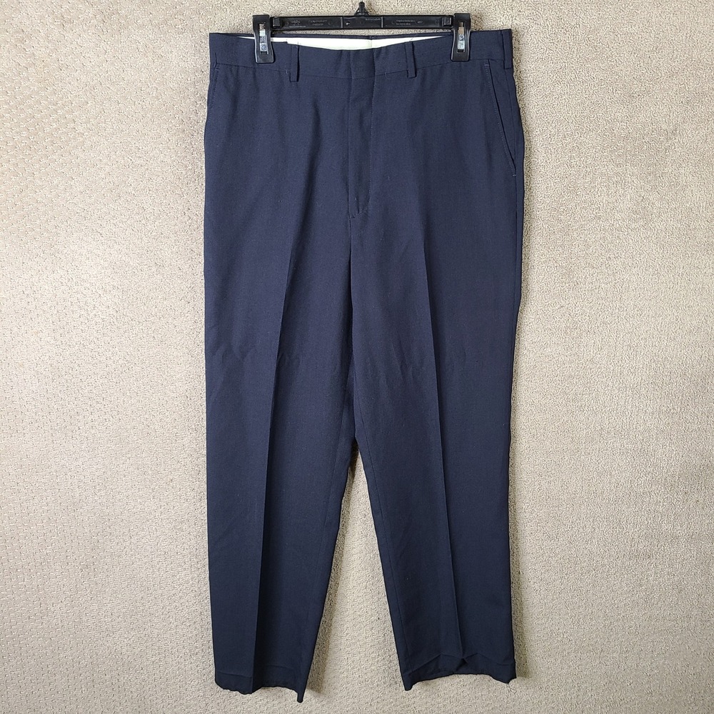 Roundtree & Yorke Pants Men 34x32 (33x30) Blue Wool Blend Flat Front Unhemmed